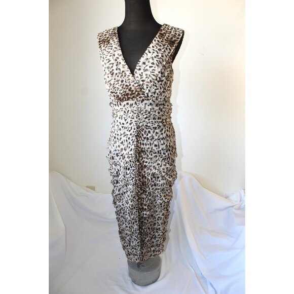 VTG Tadashi Leopard Print Knee Length Dress Ruched 12 Silk Sleeveless Y2K Preppy - Picture 1 of 10